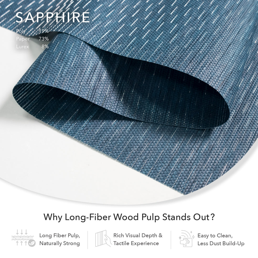 GoDear Design Roll of blue fabric with text highlighting features like long-fiber wood pulp and rich visual depth.