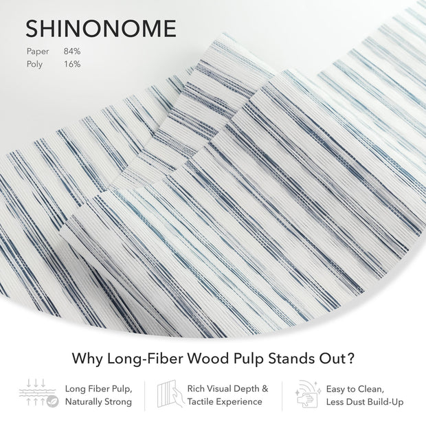 GoDear Shinonome paper with blue stripes on a white background, featuring text about long-fiber wood pulp.