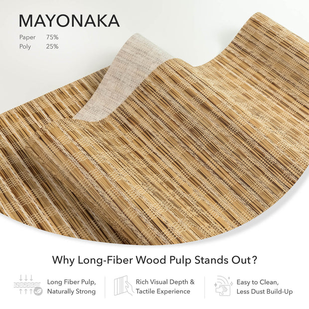 GoDear Wood pulp paper with visible fibers on a white background, featuring the brand 'Mayonaka'.