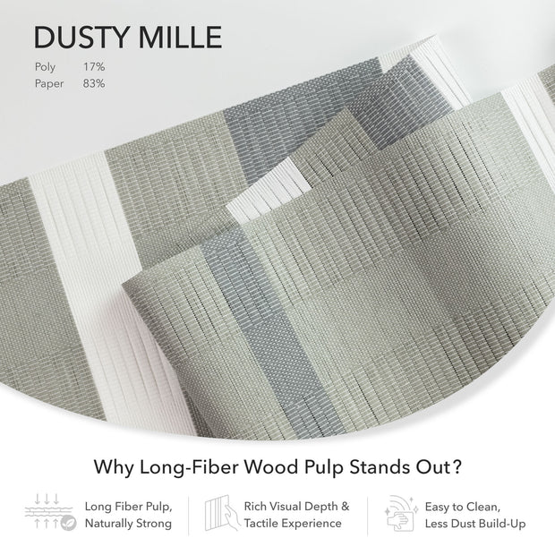 GoDear Design Textured fabric swatch with 'Dusty Mille' label and product details on a white background
