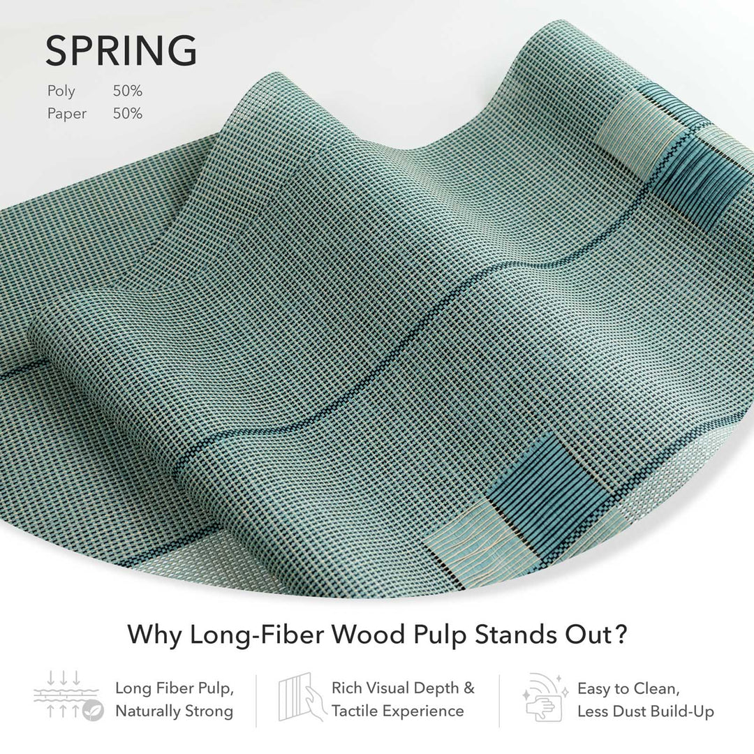 GoDear  Textured green fabric with a white background and text about long-fiber wood pulp.