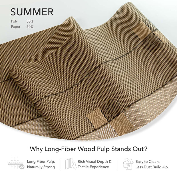 GoDear Design Brown woven fabric with text about long-fiber wood pulp and its properties.