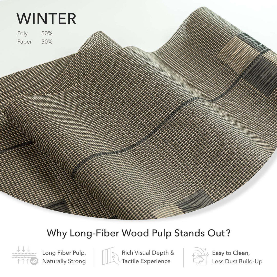  GoDear Design Textured fabric with a checkered pattern on a white background, featuring text about winter and fabric composition.