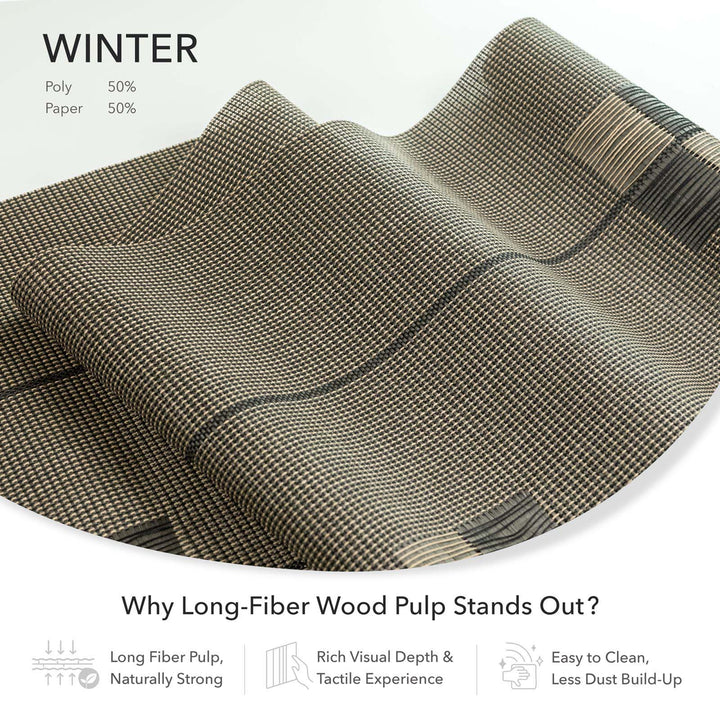  GoDear Design Textured fabric with a checkered pattern on a white background, featuring text about winter and fabric composition.