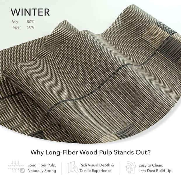  GoDear Design Textured fabric with a checkered pattern on a white background, featuring text about winter and fabric composition.