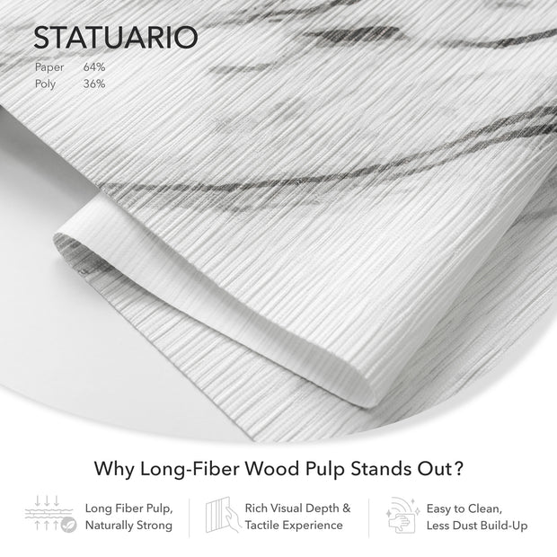 GoDear Design 8Roll of Statuario paper with text about long-fiber wood pulp and its benefits.