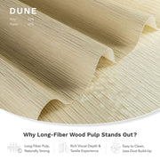 Close-up of Dune paper with text about long-fiber wood pulp