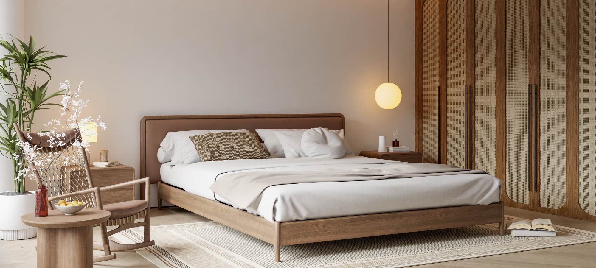 Minimalist bedroom with wooden bed frame, rattan wardrobe doors, cozy neutral bedding, modern rocking chair, and soft ambient lighting.