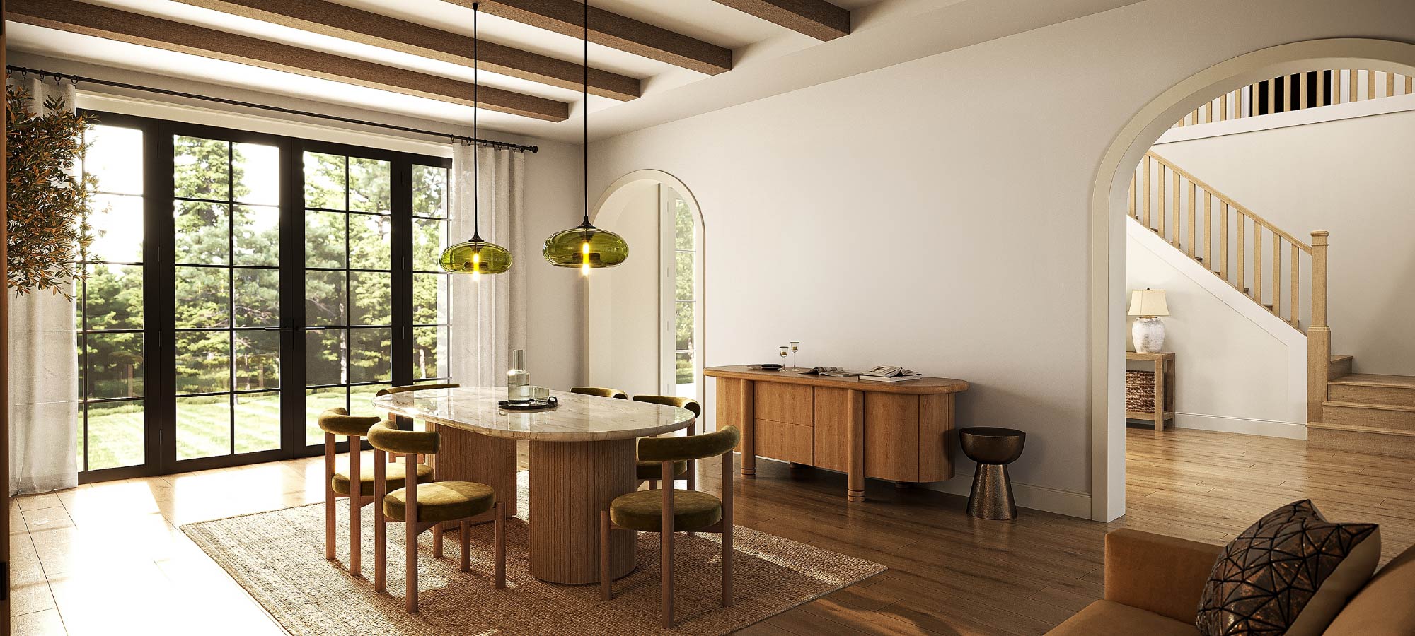 Bright dining room with large black-framed windows, wooden oval dining table, green velvet chairs, pendant lights, and natural hardwood flooring
