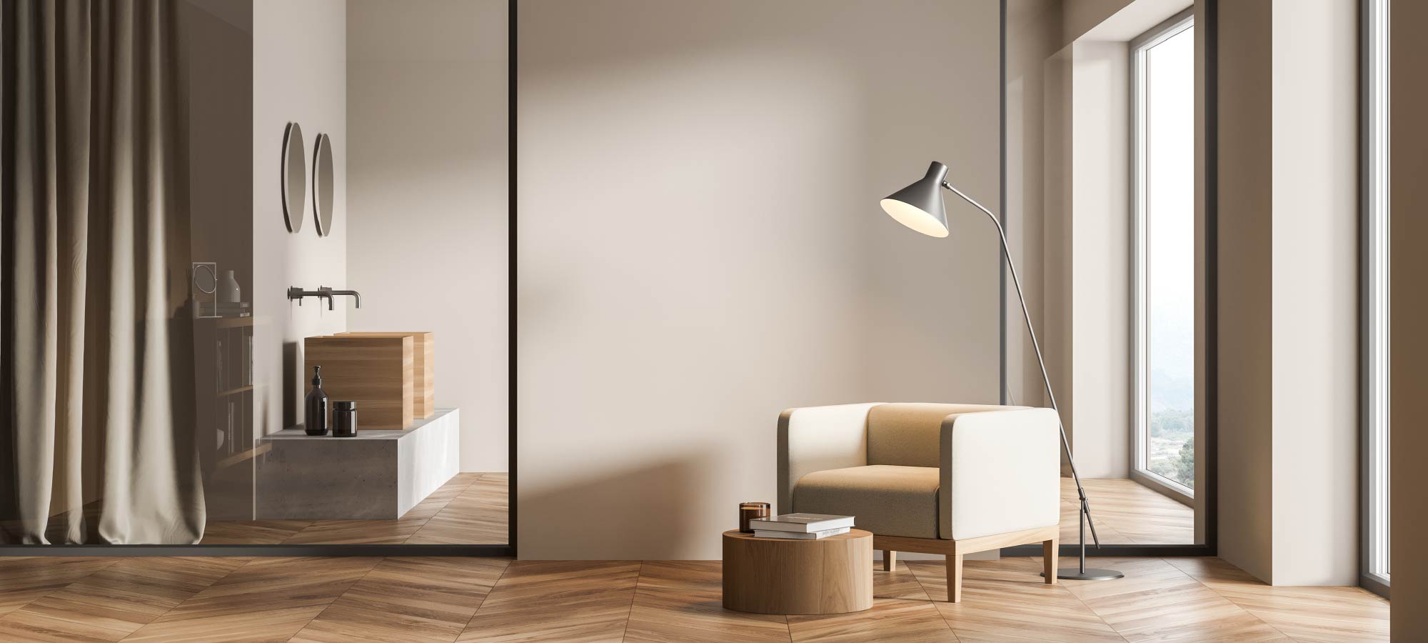 Minimalist living space with neutral wall, cozy armchair, wooden side table with books, floor lamp, and natural light from large windows.