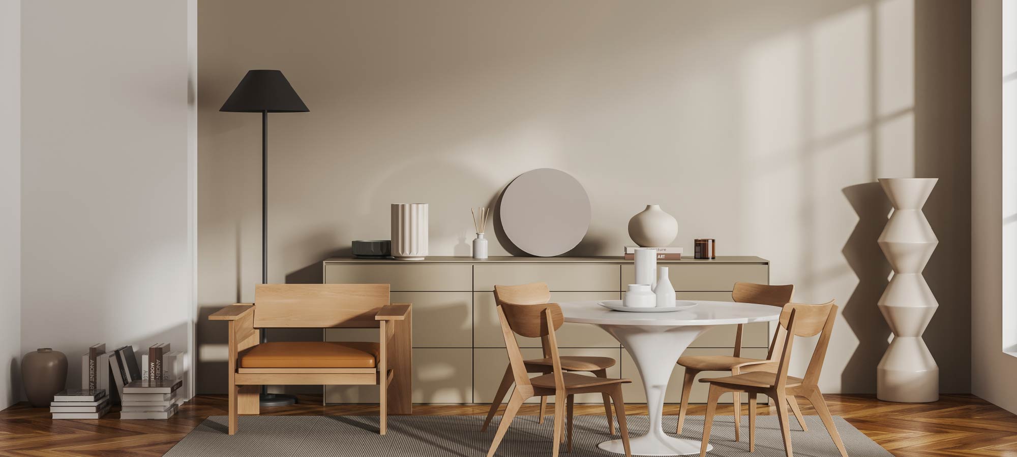Vintage Cream wallpaper in a modern dining room with light wooden chairs, round white table, minimalist sideboard, and soft natural sunlight.