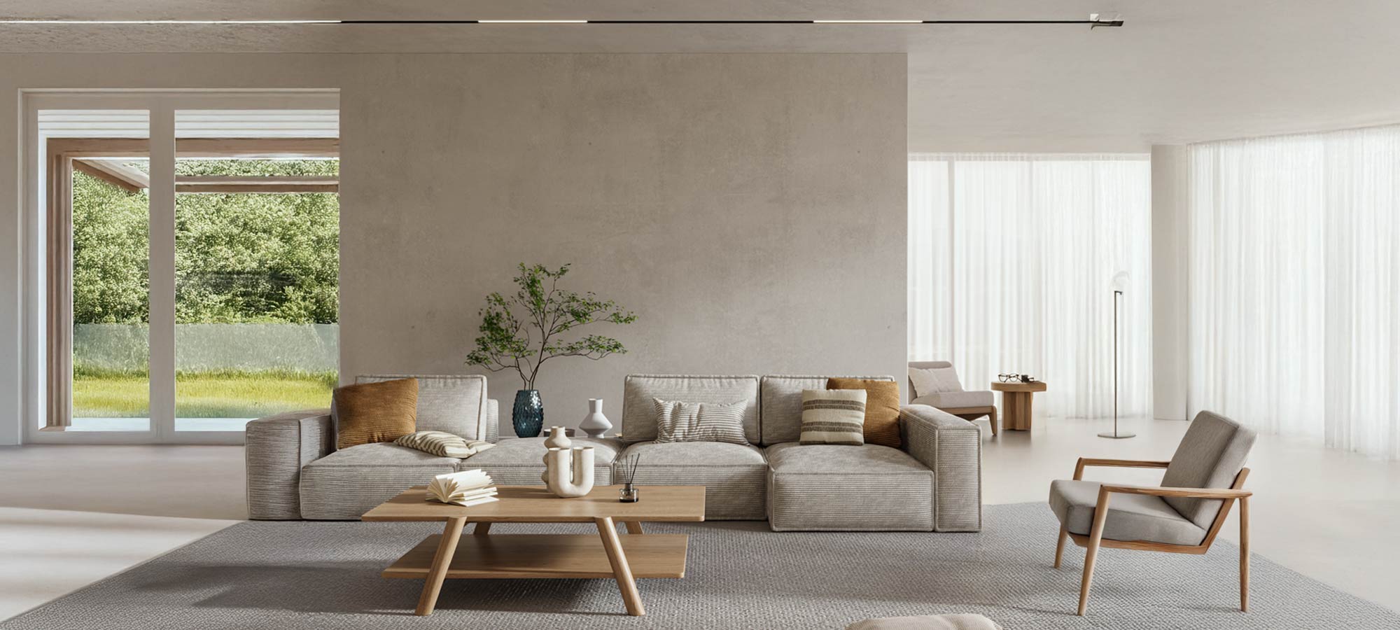 Spacious modern living room with neutral walls, large windows, and minimalist furniture.
