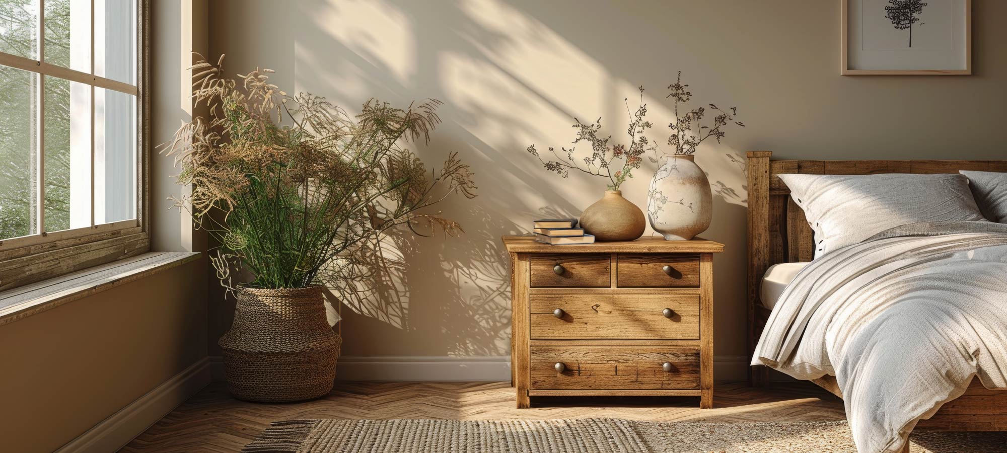 Cozy rustic bedroom with wooden nightstand, neutral bedding, large window with sunlight, and decorative ceramic vases with dried plants.