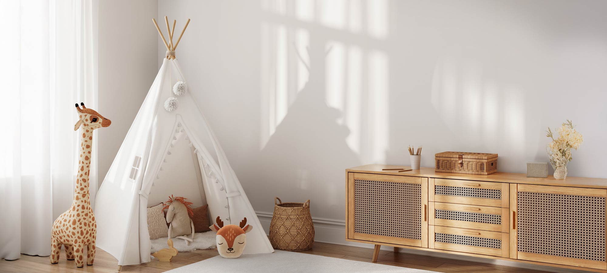 Modern living room with green accent wall, woven rattan chair, wooden cabinet, and decorative plants creating a cozy natural home atmosphere.