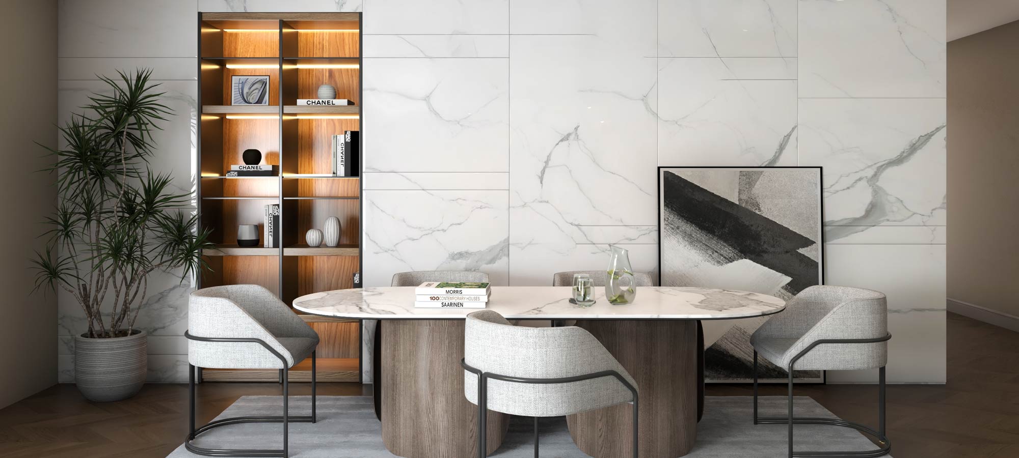 Contemporary dining room with marble wall panels, round dining table, elegant grey chairs, and warm wooden shelving with accent lighting.