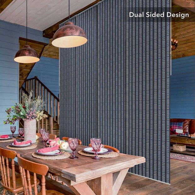 GoDear Dining room with a curtain panel labeled 'Dual Sided Design' in the foreground.