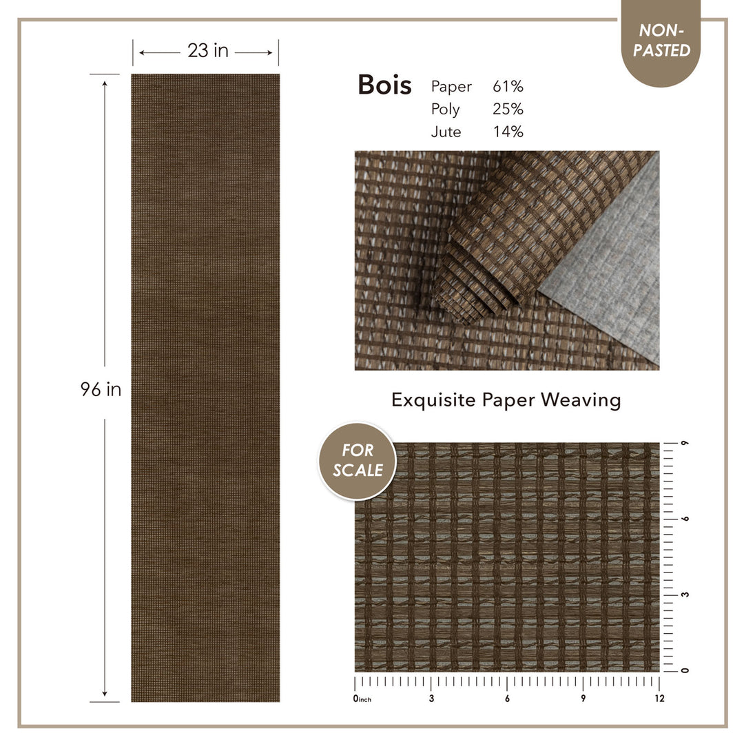 Brown paper with weaving pattern, dimensions, and material composition details.