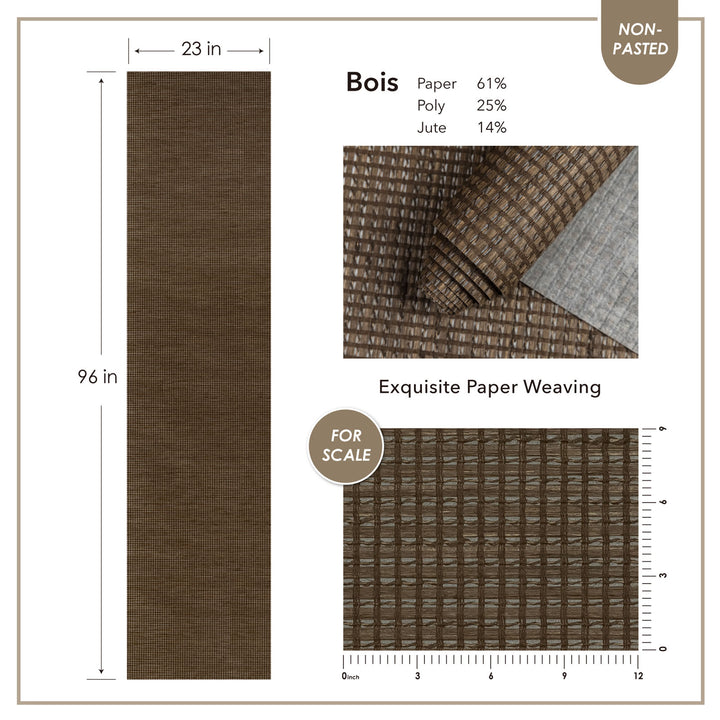 Brown paper with weaving pattern, dimensions, and material composition details.