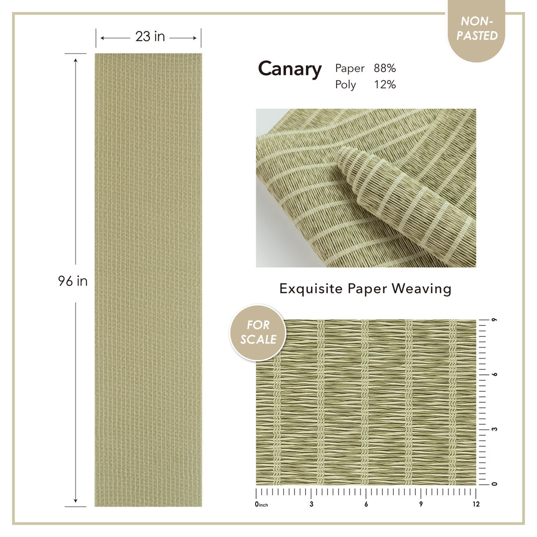 Canary paper with dimensions, material composition, and a scale for size reference.