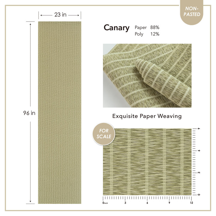 Canary paper with dimensions, material composition, and a scale for size reference.