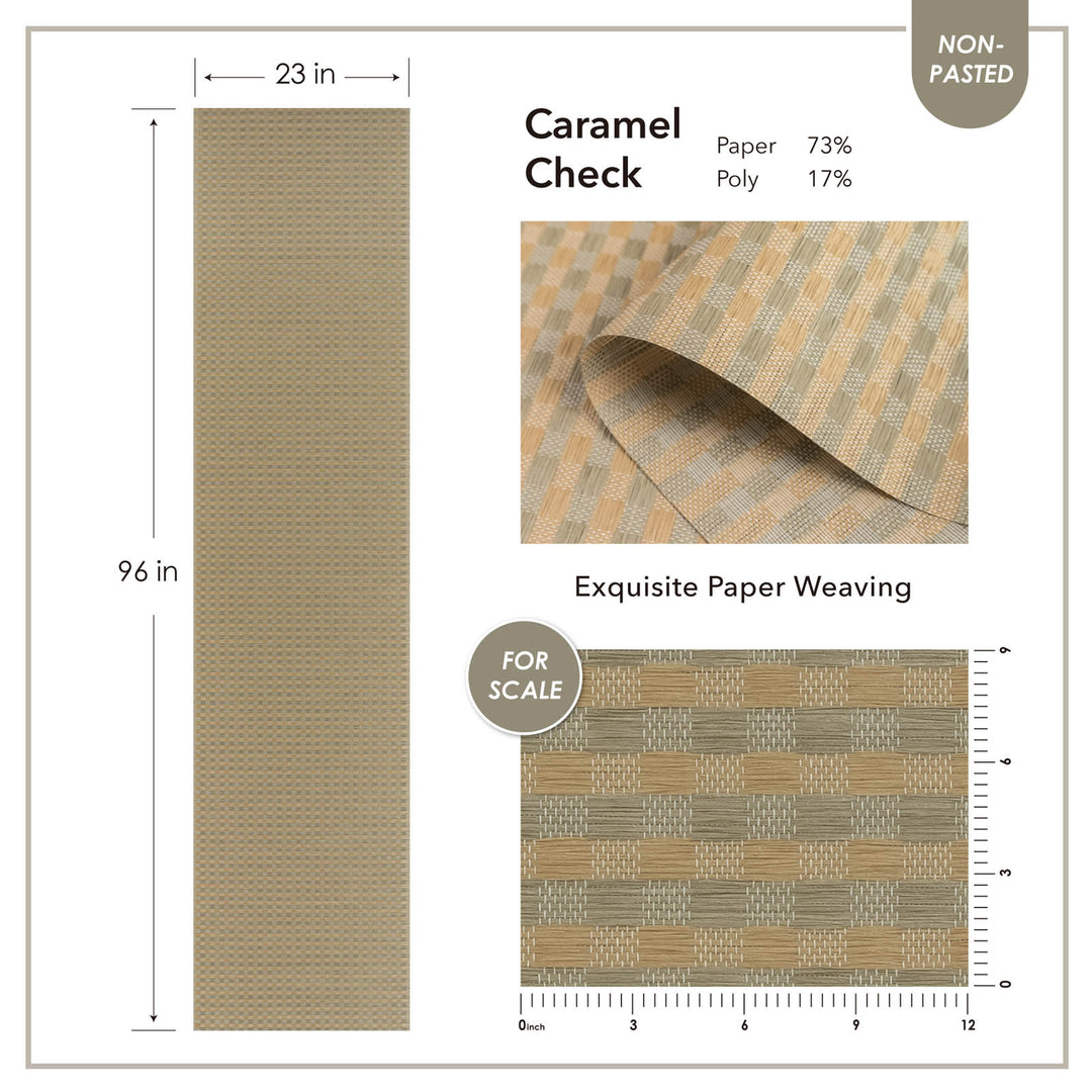 Caramel checkered paper with dimensions and material details on a white background