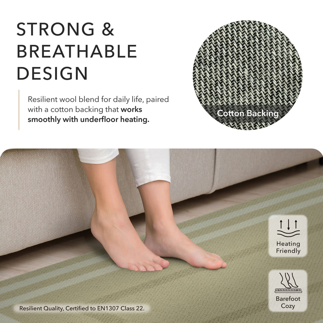 Text about strong and breathable design with a close-up of feet on a rug, featuring a cotton backing and heating friendly properties.
