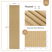 Flaxseed paper with dimensions, fabric texture, and scale for scale on a white background.