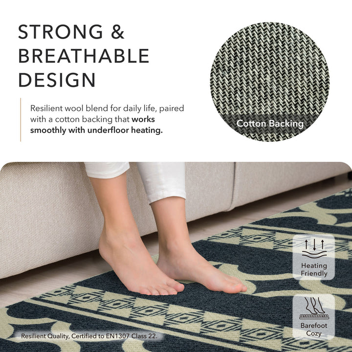 Text about a strong and breathable design with a close-up of a foot on a rug, featuring a cotton backing and heating friendly properties.