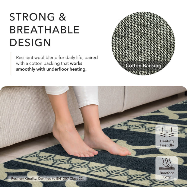 Text about a strong and breathable design with a close-up of a foot on a rug, featuring a cotton backing and heating friendly properties.