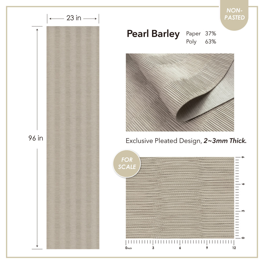 Pearl Barley wallpaper with dimensions, material composition, and pleated design details.