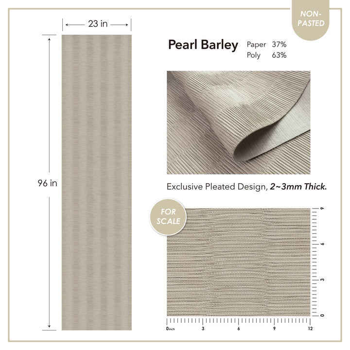 Pearl Barley wallpaper with dimensions, material composition, and pleated design details.