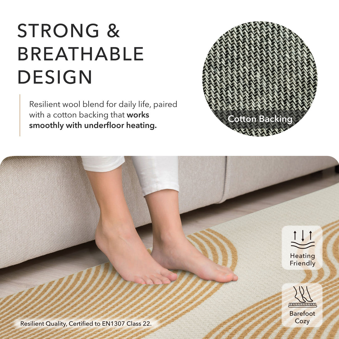 Text and image of a person standing on a rug with features highlighted.