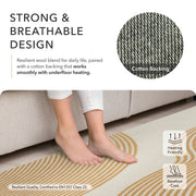 Text and image of a person standing on a rug with features highlighted.