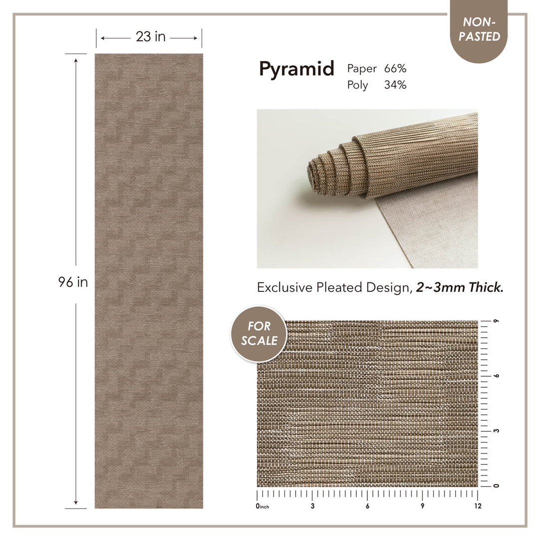 Pyramid pleated roller blind with dimensions and material details on a white background