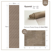 Pyramid pleated roller blind with dimensions and material details on a white background