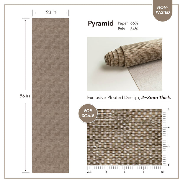 Pyramid pleated roller blind with dimensions and material details on a white background