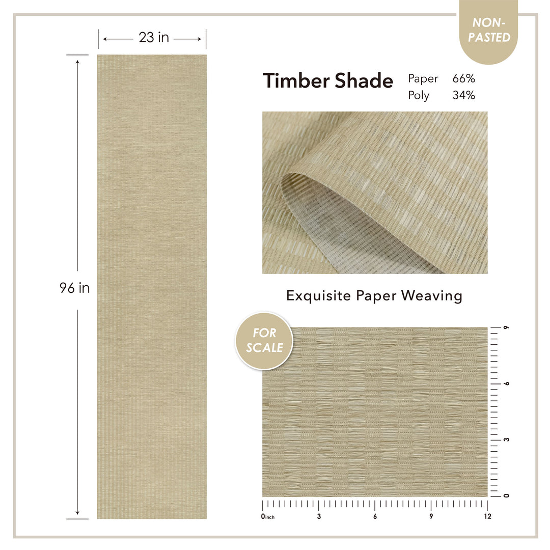 Timber Shade fabric with dimensions, material composition, and scale measurement on a white background.