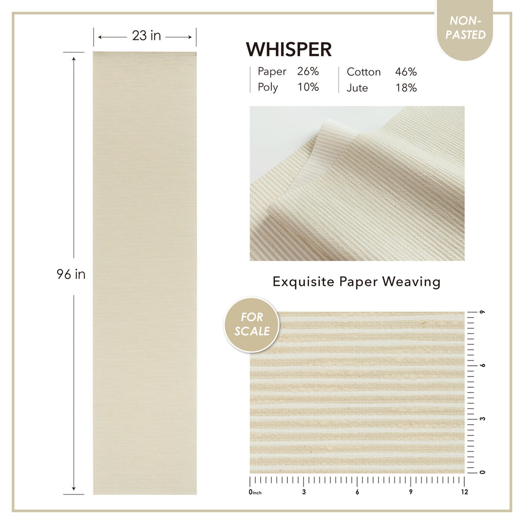 Product description card for 'Whisper' fabric with dimensions, material composition, and a sample swatch.