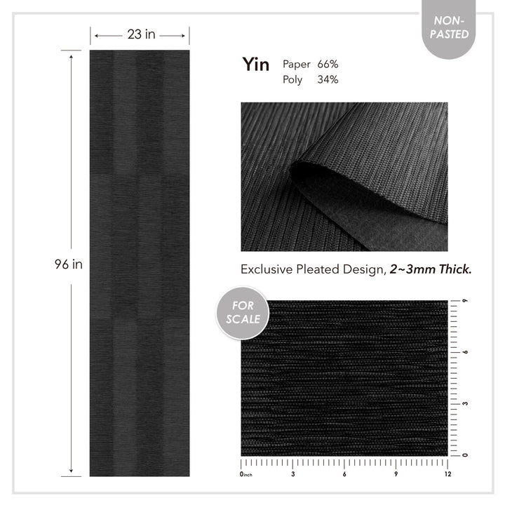 Black pleated material with measurements and fabric composition details on a white background