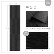 Black pleated material with measurements and fabric composition details on a white background