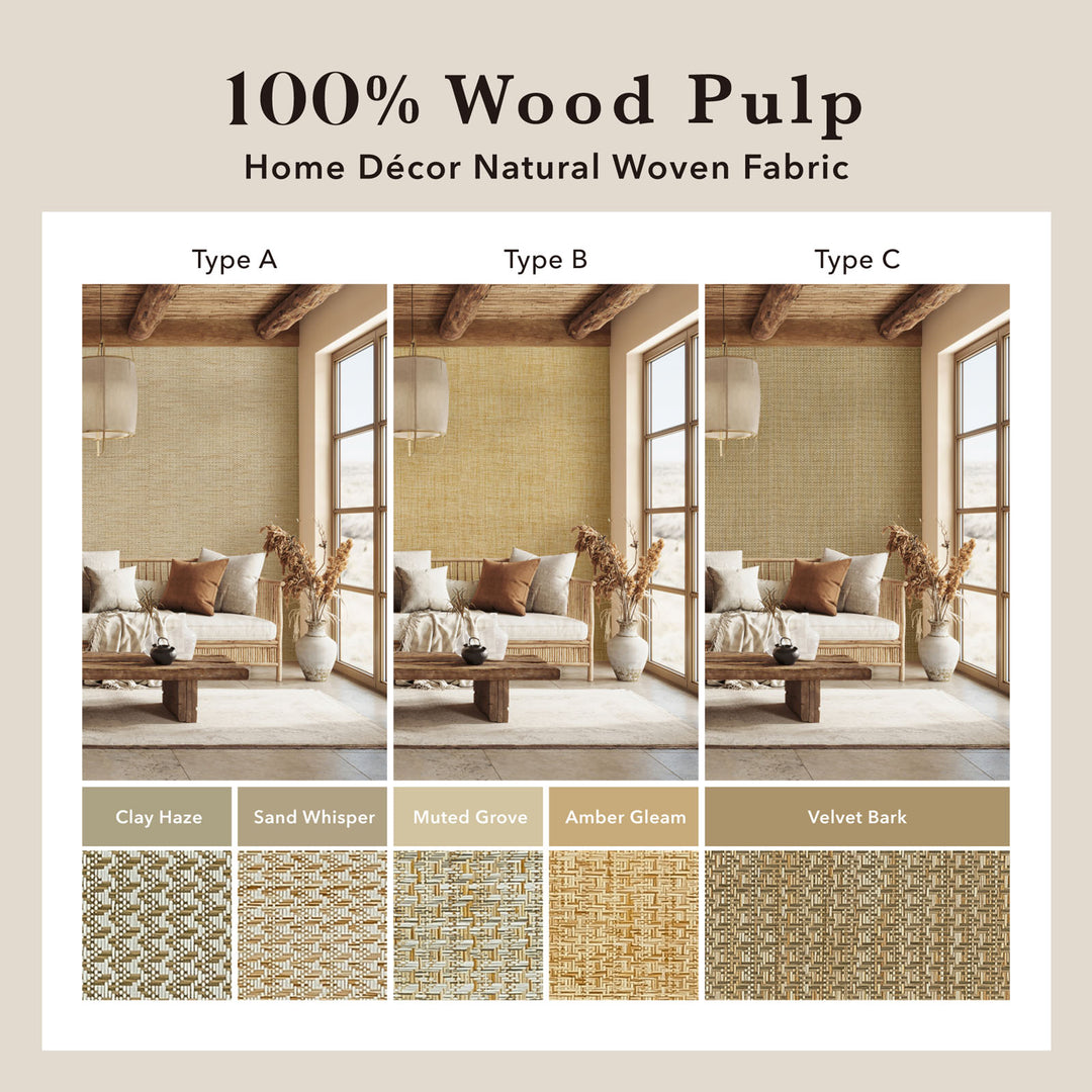 Home decor natural woven fabric swatches with living room setting and color options.