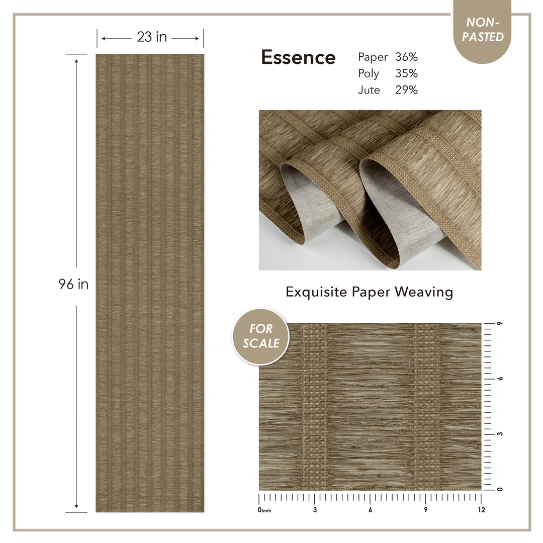 Brown vertical stripe woven wallpaper panel, 23 inches wide by 96 inches long, made of a paper, polyester, and jute blend with detailed texture close-up.
