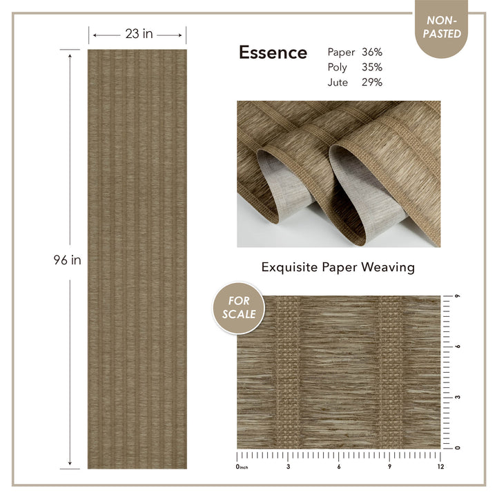 Brown vertical stripe woven wallpaper panel, 23 inches wide by 96 inches long, made of a paper, polyester, and jute blend with detailed texture close-up.