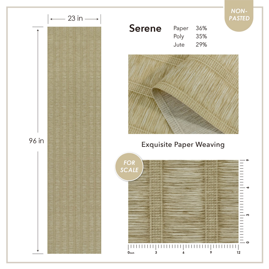 Light beige vertical stripe woven wallpaper panel, 23 inches wide by 96 inches long, made of paper, polyester, and jute blend with close-up texture detail.