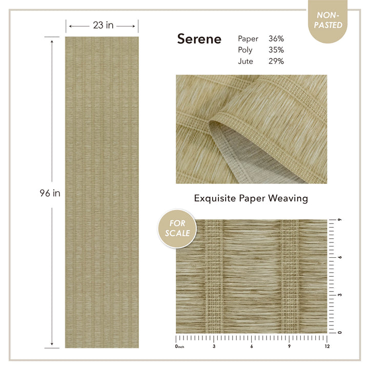 Light beige vertical stripe woven wallpaper panel, 23 inches wide by 96 inches long, made of paper, polyester, and jute blend with close-up texture detail.