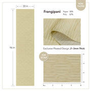 A product specification sheet from GoDear Design for their non-pasted wall covering. The image provides details on the "Frangipani" pattern, including a full panel's dimensions (23 inches by 96 inches), a close-up of the "Exclusive Pleated Design," and the material composition (38% paper, 62% poly). A scaled ruler is included to show the 2-3 mm thickness, helping customers visualize the texture and size for their projects.