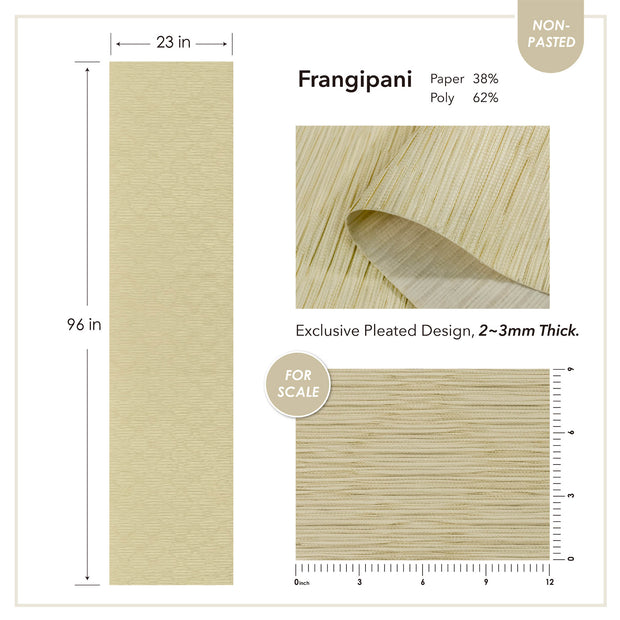 A product specification sheet from GoDear Design for their non-pasted wall covering. The image provides details on the "Frangipani" pattern, including a full panel's dimensions (23 inches by 96 inches), a close-up of the "Exclusive Pleated Design," and the material composition (38% paper, 62% poly). A scaled ruler is included to show the 2-3 mm thickness, helping customers visualize the texture and size for their projects.