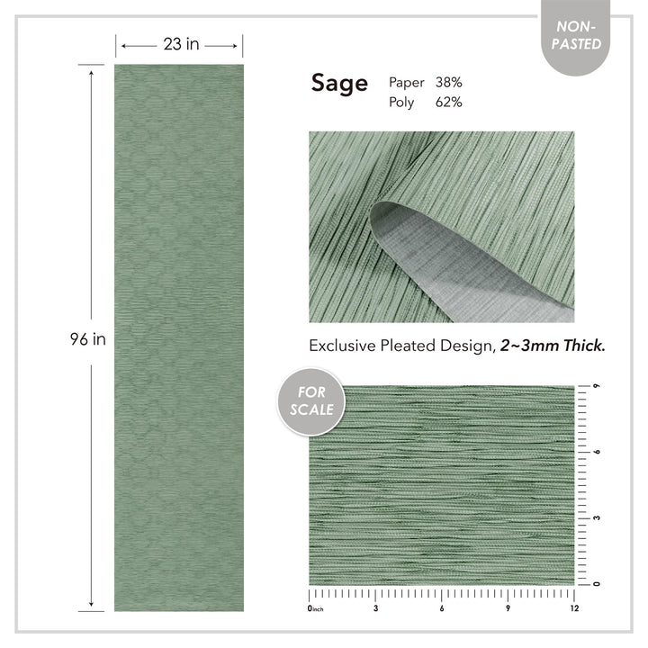 Product specification sheet showing green pleated textured material, size 23 by 96 inches, close-up pattern detail, and thickness measurement.