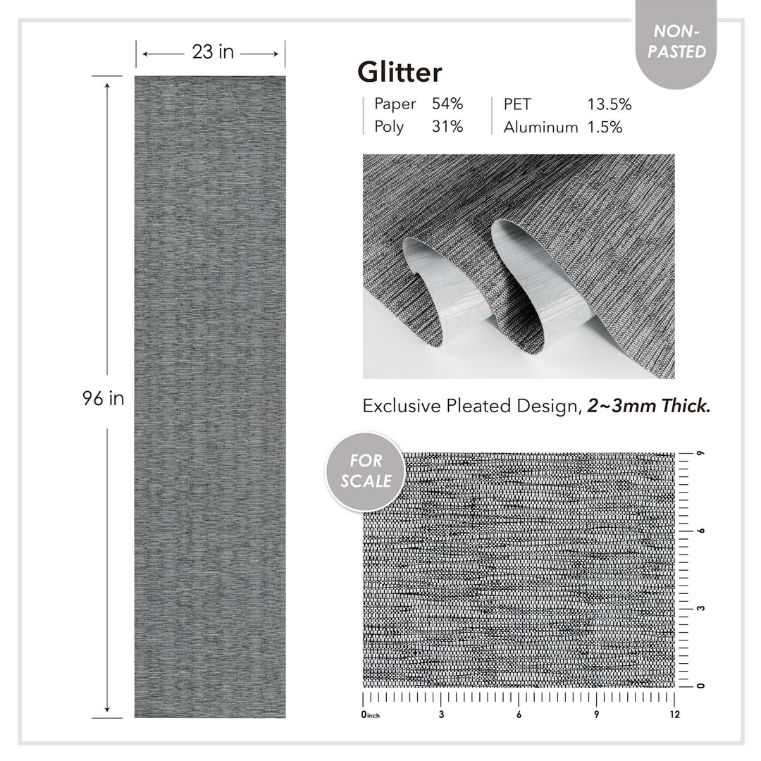 Product specification sheet for a non-pasted wallpaper named "Glitter." The sheet shows a full panel measuring 23 inches wide by 96 inches long, made of 54% paper, 31% poly, 13.5% PET, and 1.5% aluminum. Images highlight the exclusive pleated design with a 2–3mm thickness, including a close-up of the woven texture and a scale reference in inches.