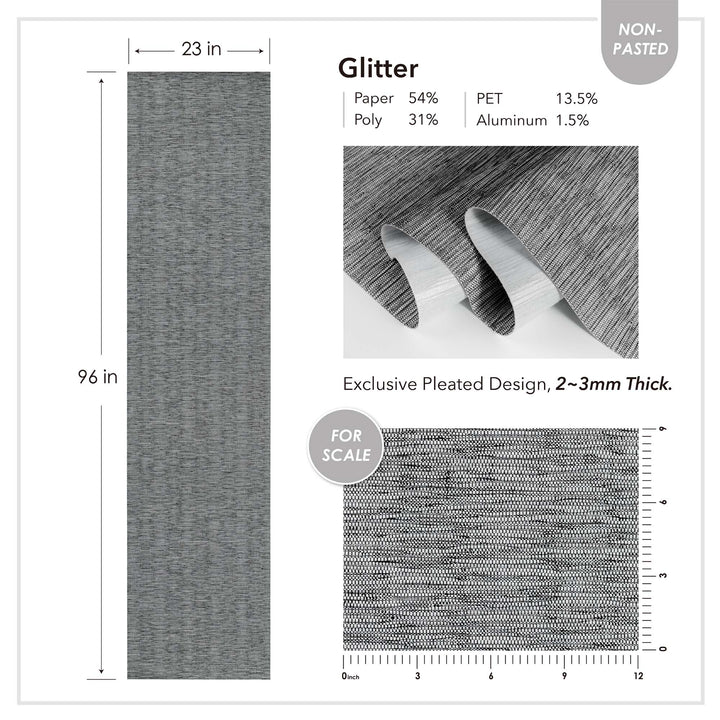 Product specification sheet for a non-pasted wallpaper named "Glitter." The sheet shows a full panel measuring 23 inches wide by 96 inches long, made of 54% paper, 31% poly, 13.5% PET, and 1.5% aluminum. Images highlight the exclusive pleated design with a 2–3mm thickness, including a close-up of the woven texture and a scale reference in inches.